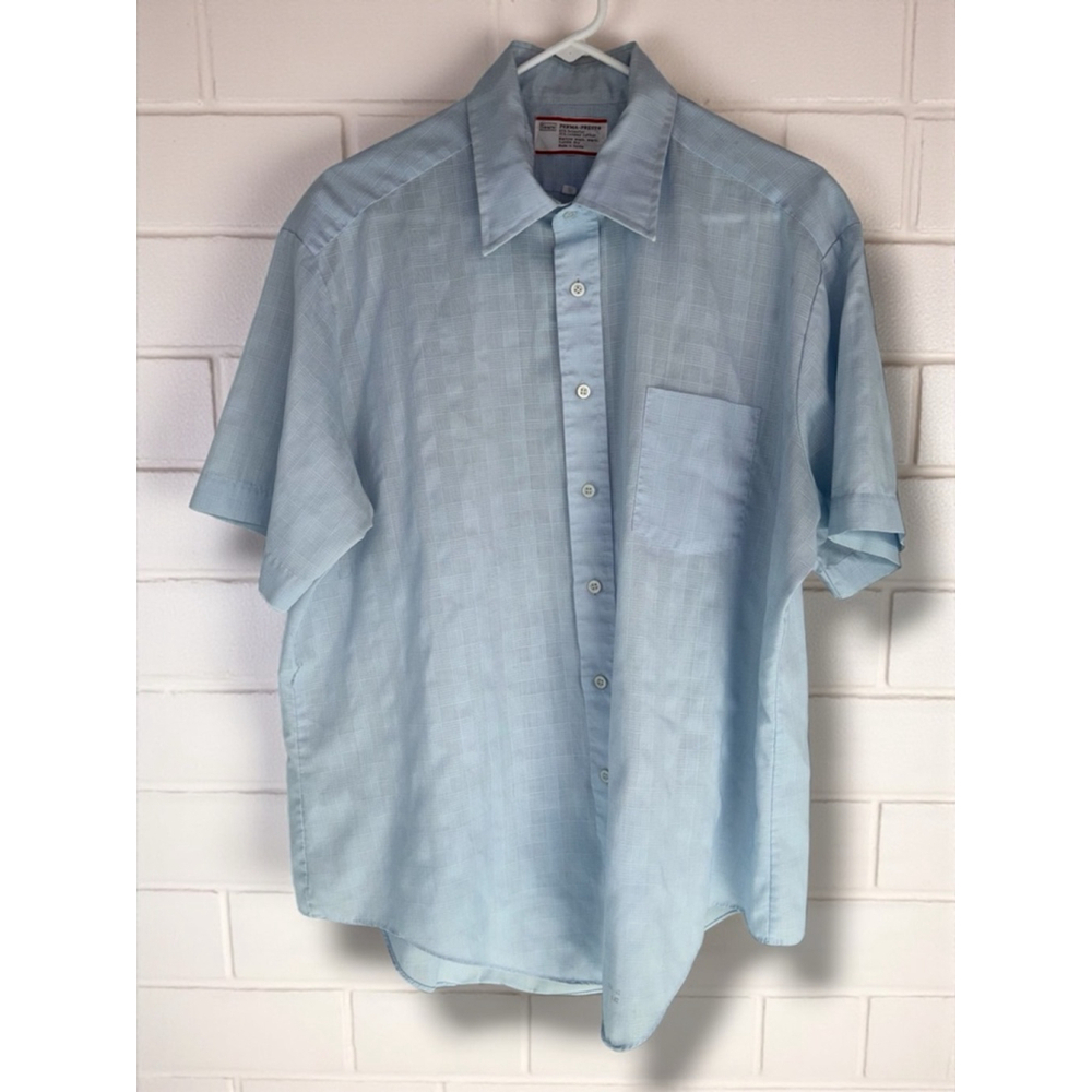 Vintage Sears Perma Prest Men's Size 17 XL Blue Short Sleeved Button Up Shirt